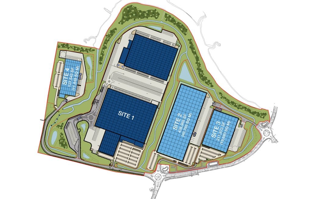 Kent Master site plan aerial view, with warehouses and surrounding woodland