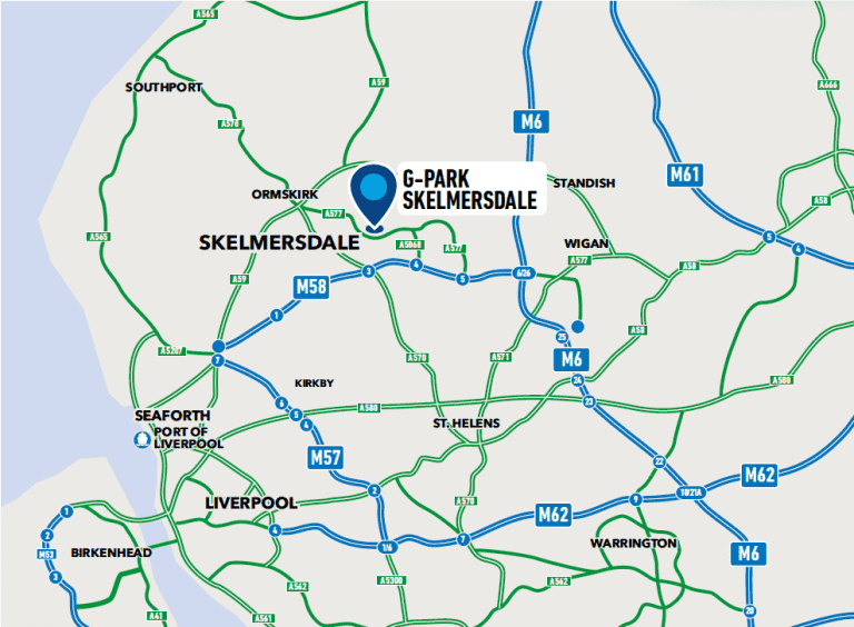 Pinpoint of G-Park Skelmersdale on a zoomed in map of Liverpool