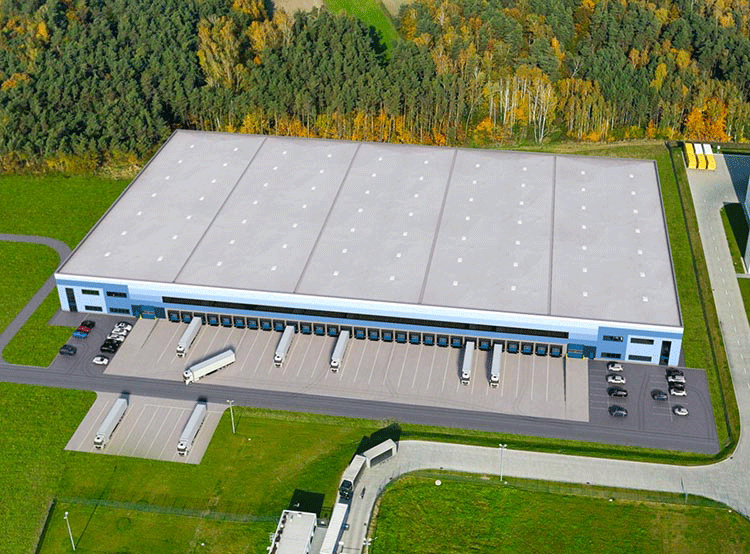 CGI aerial view of warehouse surrounded by woodland.