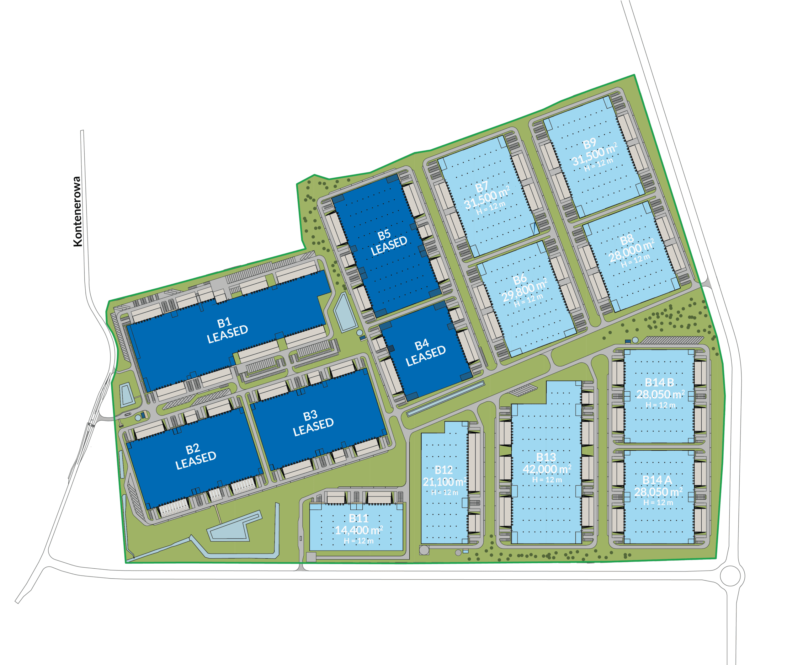Site plan of warehouses, dark blue shaded ones are leased.