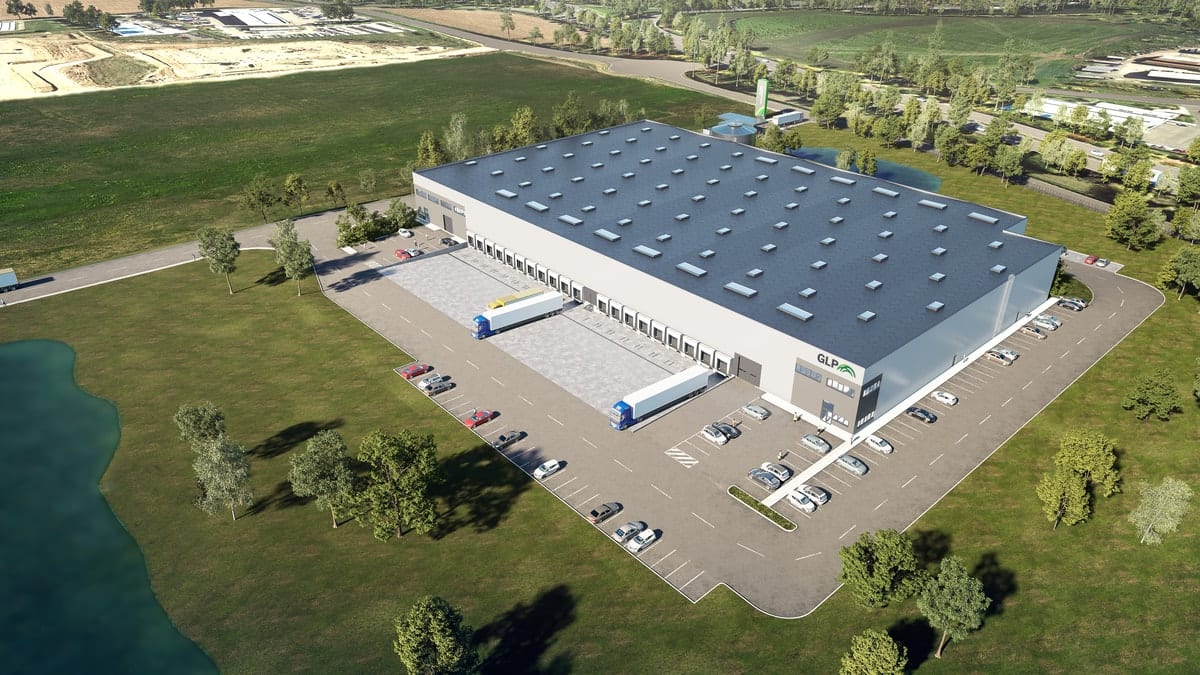CGI aerial shot of GLP warehouse in Italy, surrounded by green spaces.