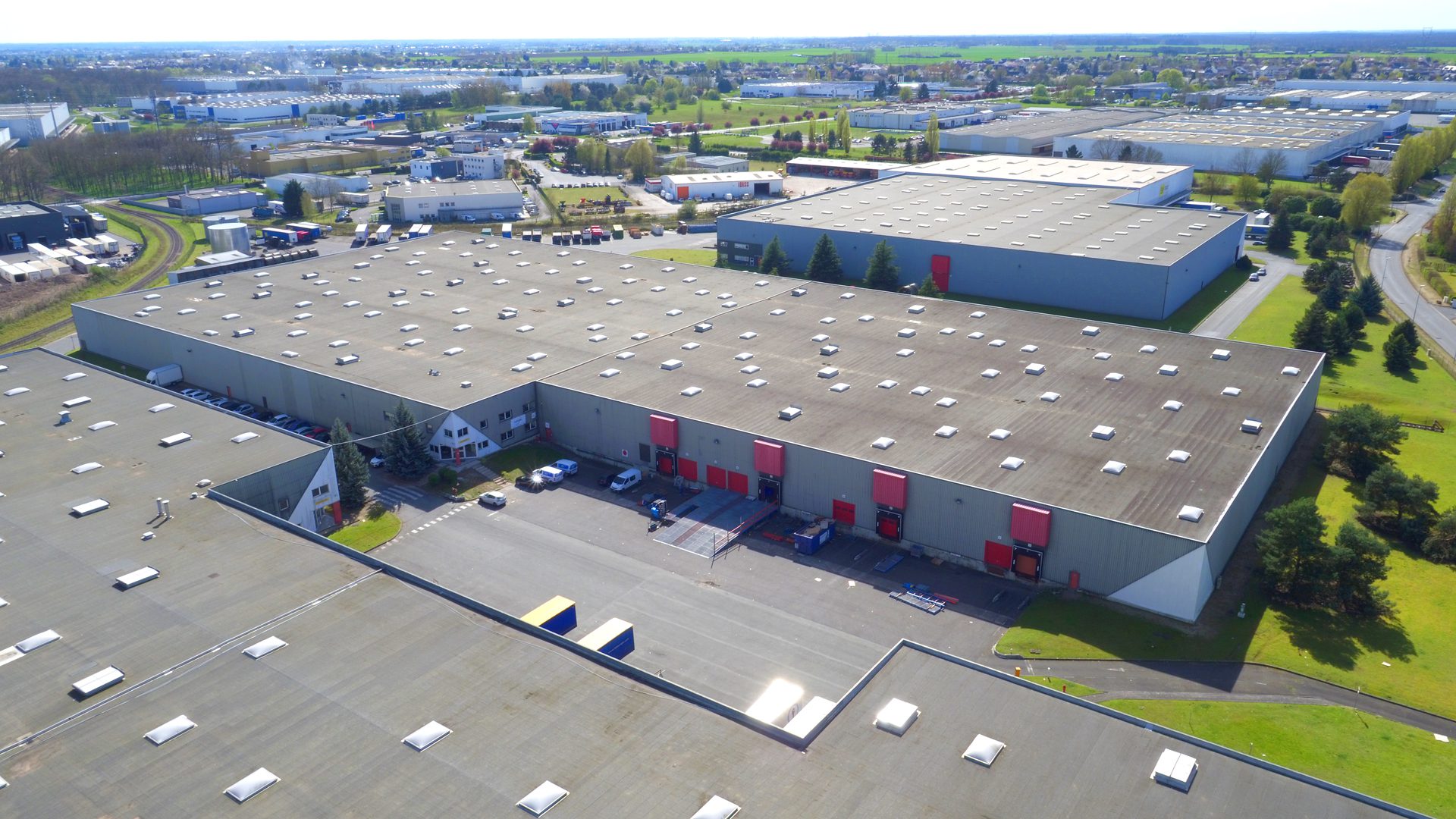 Aerial shot of warehouses in the Orleans Logistics Park 1, Ormes.