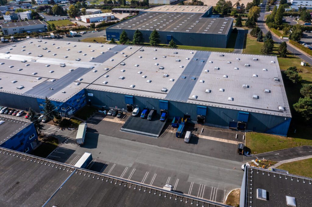 Aerial view of warehouses in Orleans Logistics Park 1, Ormes.