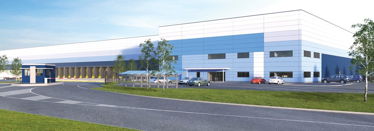 Exterior of G-Park Skelmersdale, a GLP logistics centre, with white and blue walls