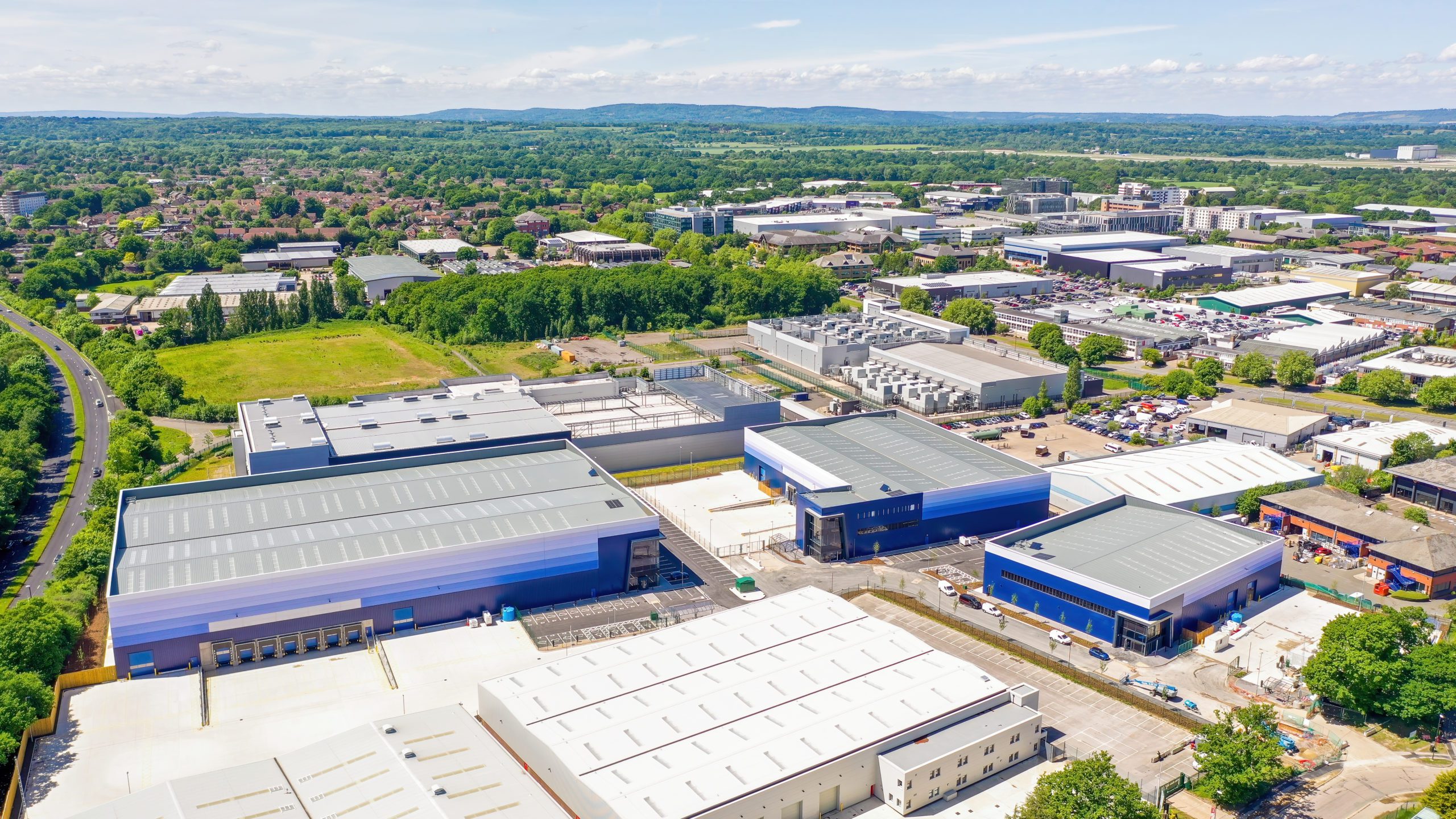 Aerial view of warehouses in G-Hub Crawley.