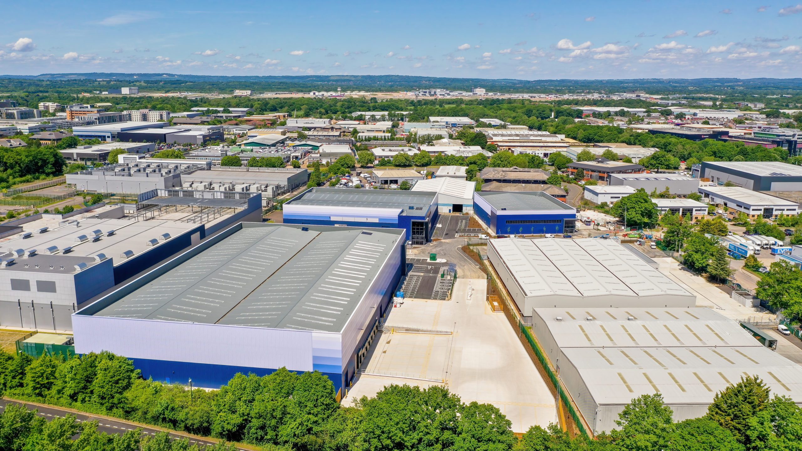 Aerial shot of warehouses in G-Hub Crawley.