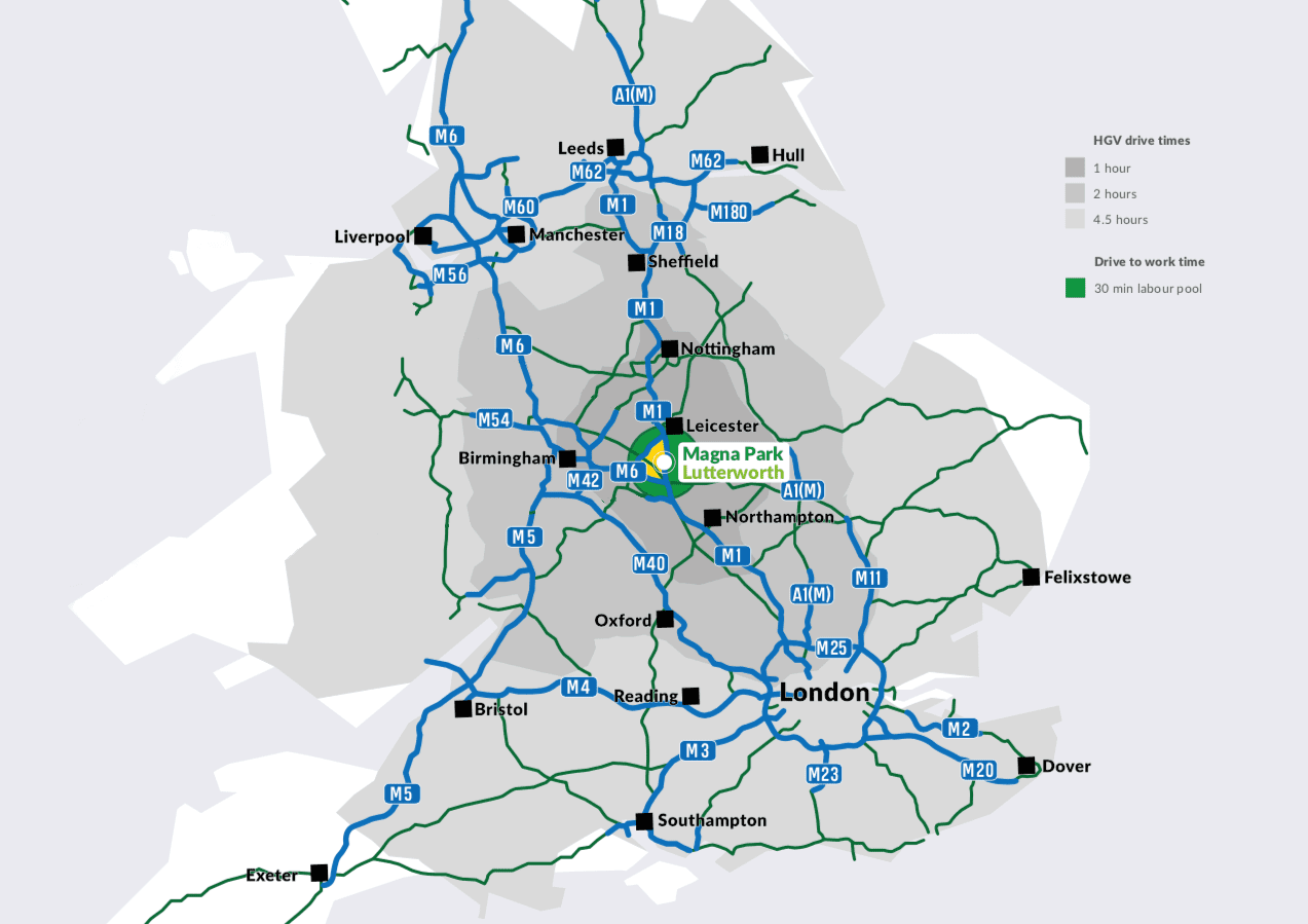 Map of England with main motorways highlighted, and Magna Park Lutterworth pinpointed.