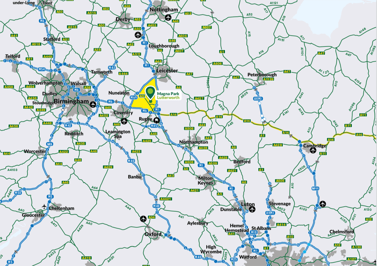 Pinpoint of GLP Magna Park Lutterworth on a map showing links to London.