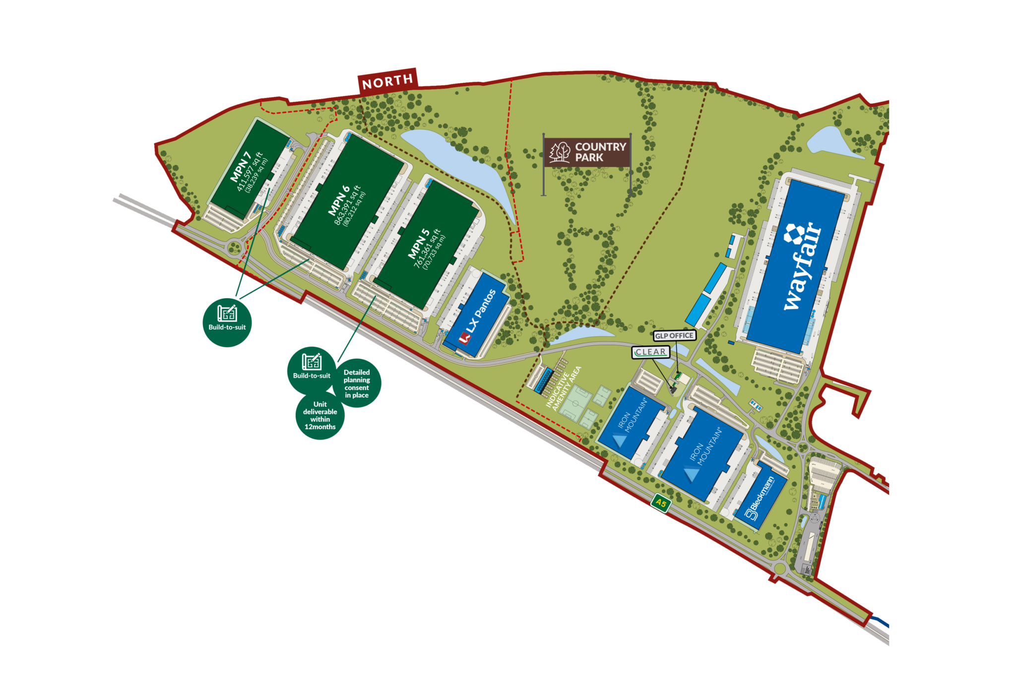 Site plan of Magna Park Lutterworth, with warehouses surrounded by land.