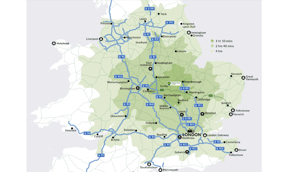 Map of motorways in the UK focusing on the midlands and London, with a pinpoint in Magna Park Corby