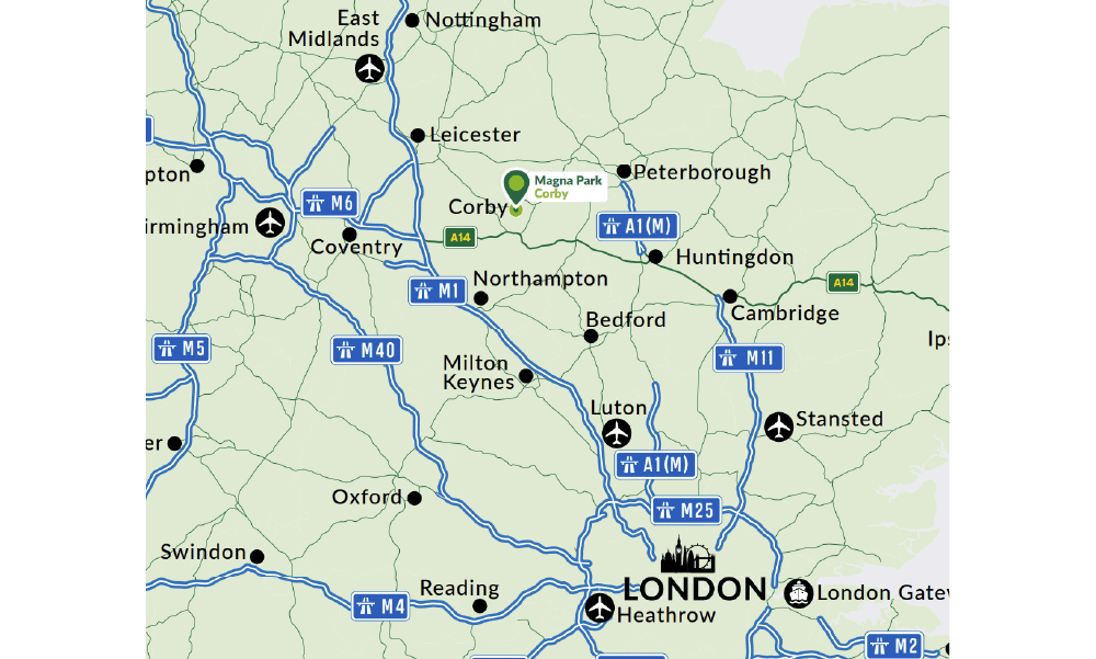 Map of motorways near the Magna Park in Corby.