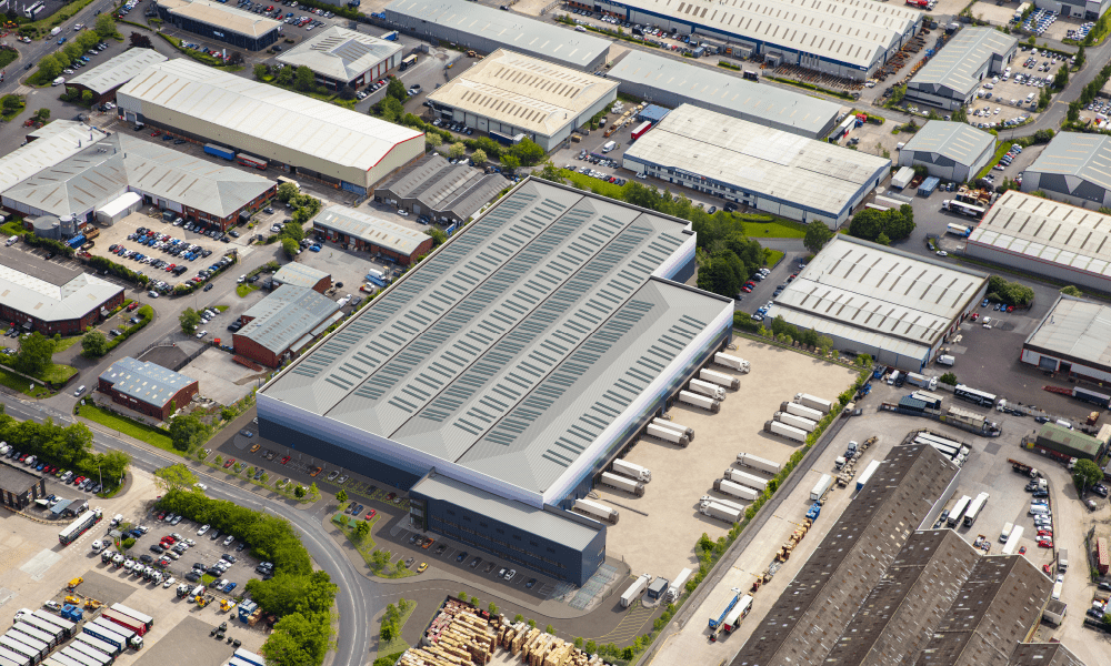 Birds-eye-view of G-Park Manchester Trafford Park in a packed urban area