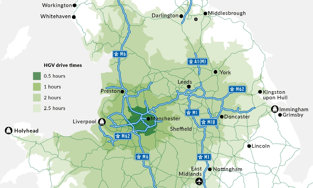 Map of motorways across the midlands to north east, with a key of colours for HGV drive times to G-Park Manchester Trafford Park.