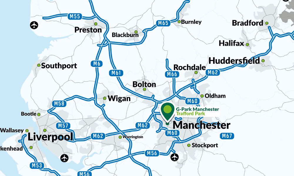 Map of motorways surrounding the G-Park Manchester Trafford Park, pinpointed in green.