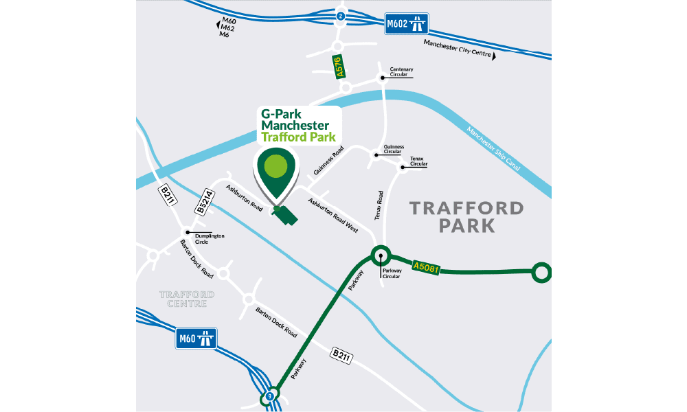 Pin point of the G-Park Manchester Trafford Park on a map, with A roads and motorways highlighted.