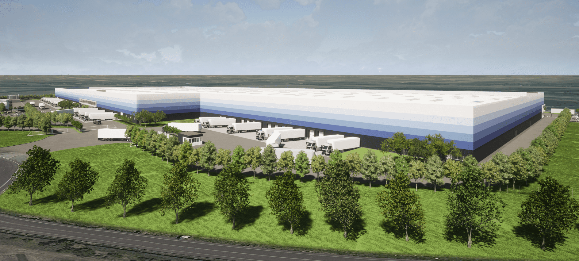 Warehouse CGI in Valasmoggia, surrounded by green spaces and trees.