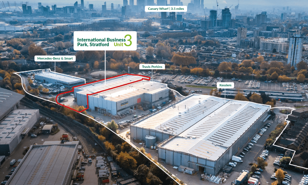 Aerial view of the International Business Park Stratford, Unit 3.