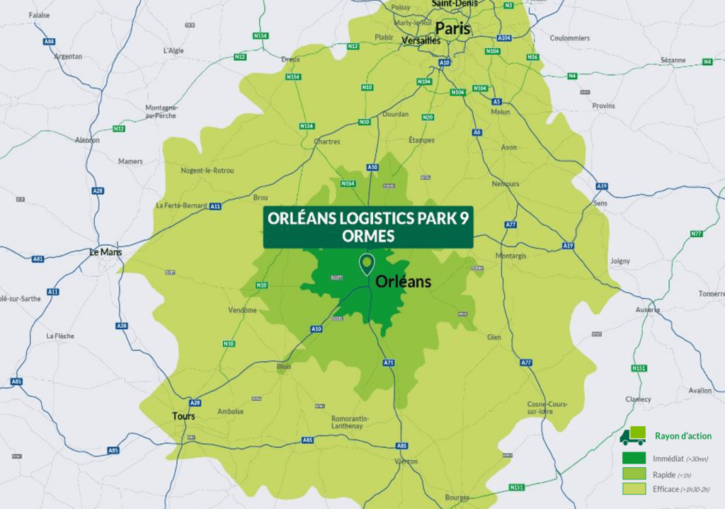 Pinpoint of Orleans Logistics Park 9-Ormes on a scale of HGV drive times.