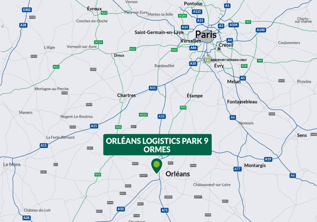 Pinpoint of Orleans Logistics Park 9- Ormes on a map of Paris.