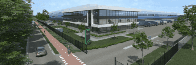 Front exterior of G-Park Culemborg with entrance gate, bicycle lane and loading bays.