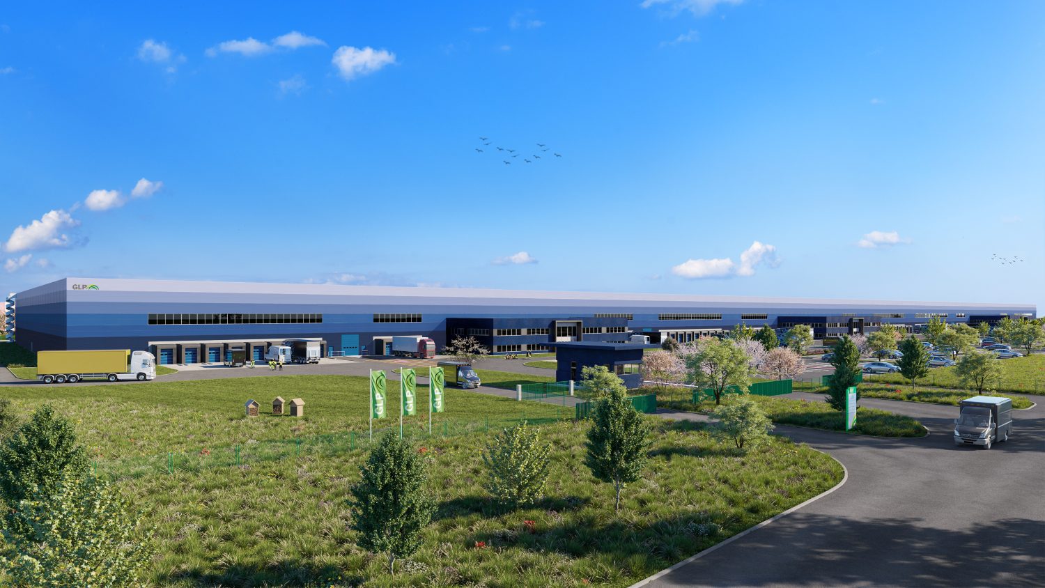 CGI wide shot of warehouse surrounded by green spaces in GLP Park Le Havre.