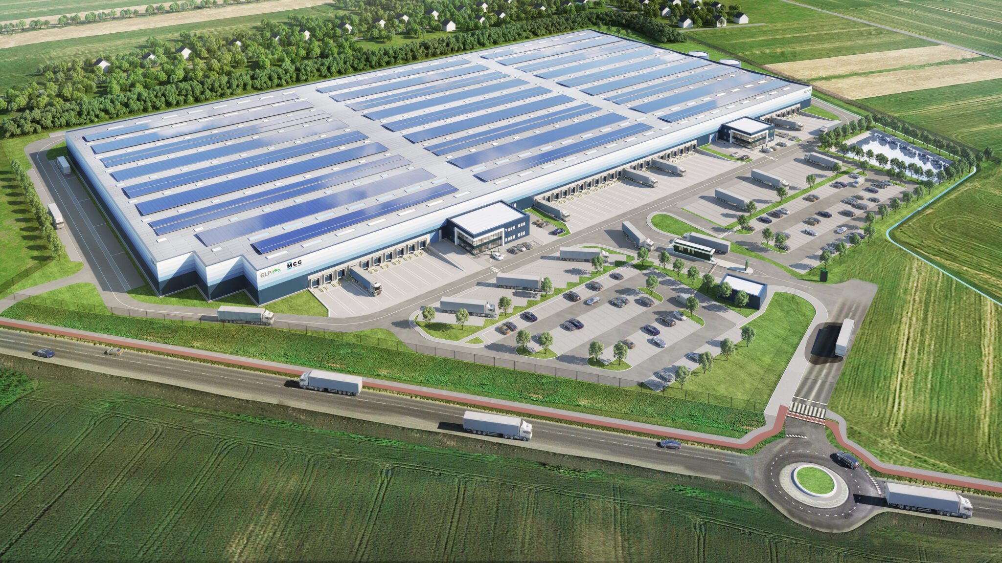 3D render of the logistics centre GLP Niepolomice, showing a huge building and surrounding fields