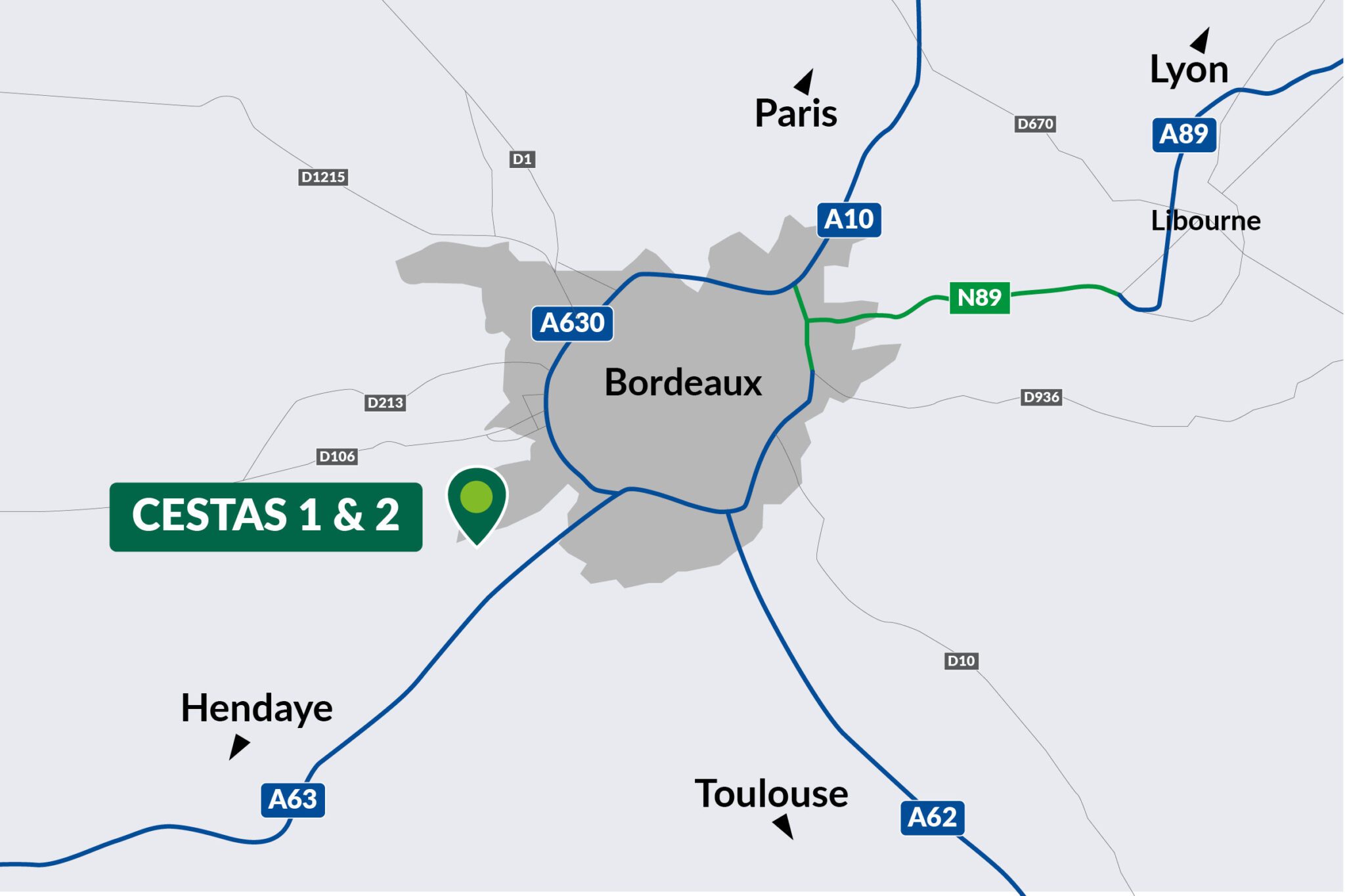 2D map of Bordeaux showing A-roads around the city and the location of GLP Park Cestas 1 and 2