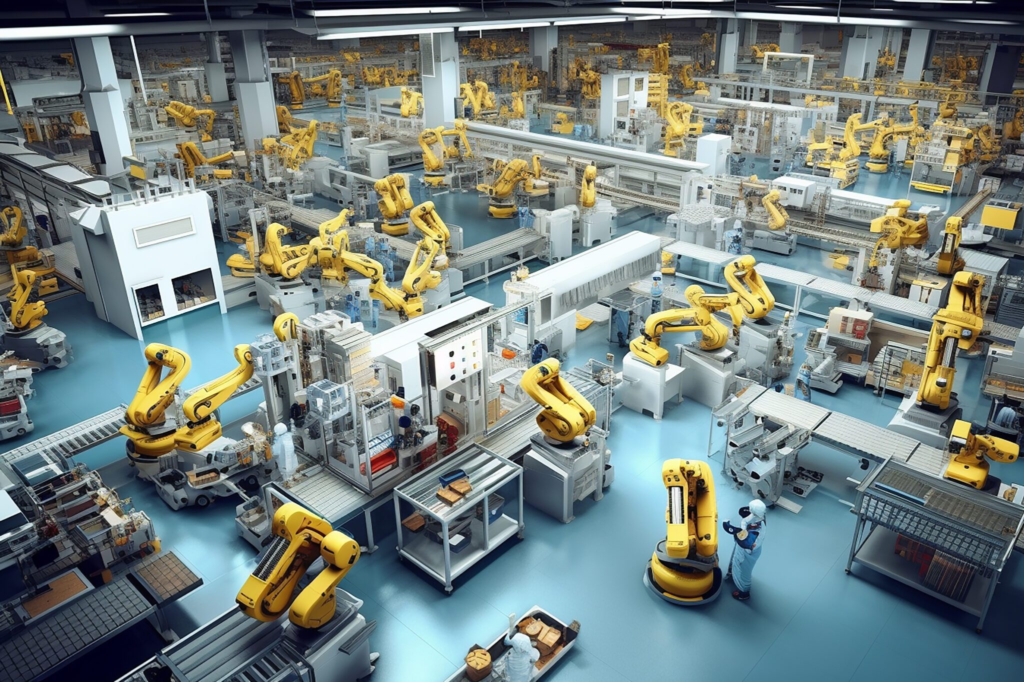 Computer generated image of yellow robot arms working in a warehouse.
