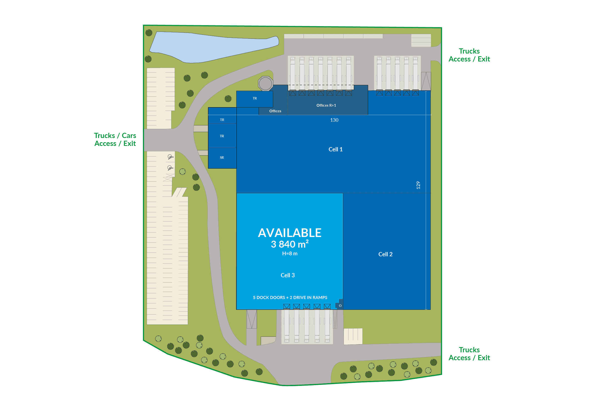 Site plan of available warehouse space in GLP Park Cestas 1, with surrounding roads.
