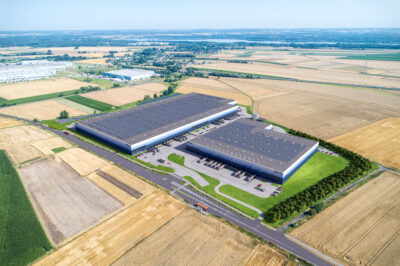 CGI warehouses from Gliwice II Logistics centre incorporated into the countryside.
