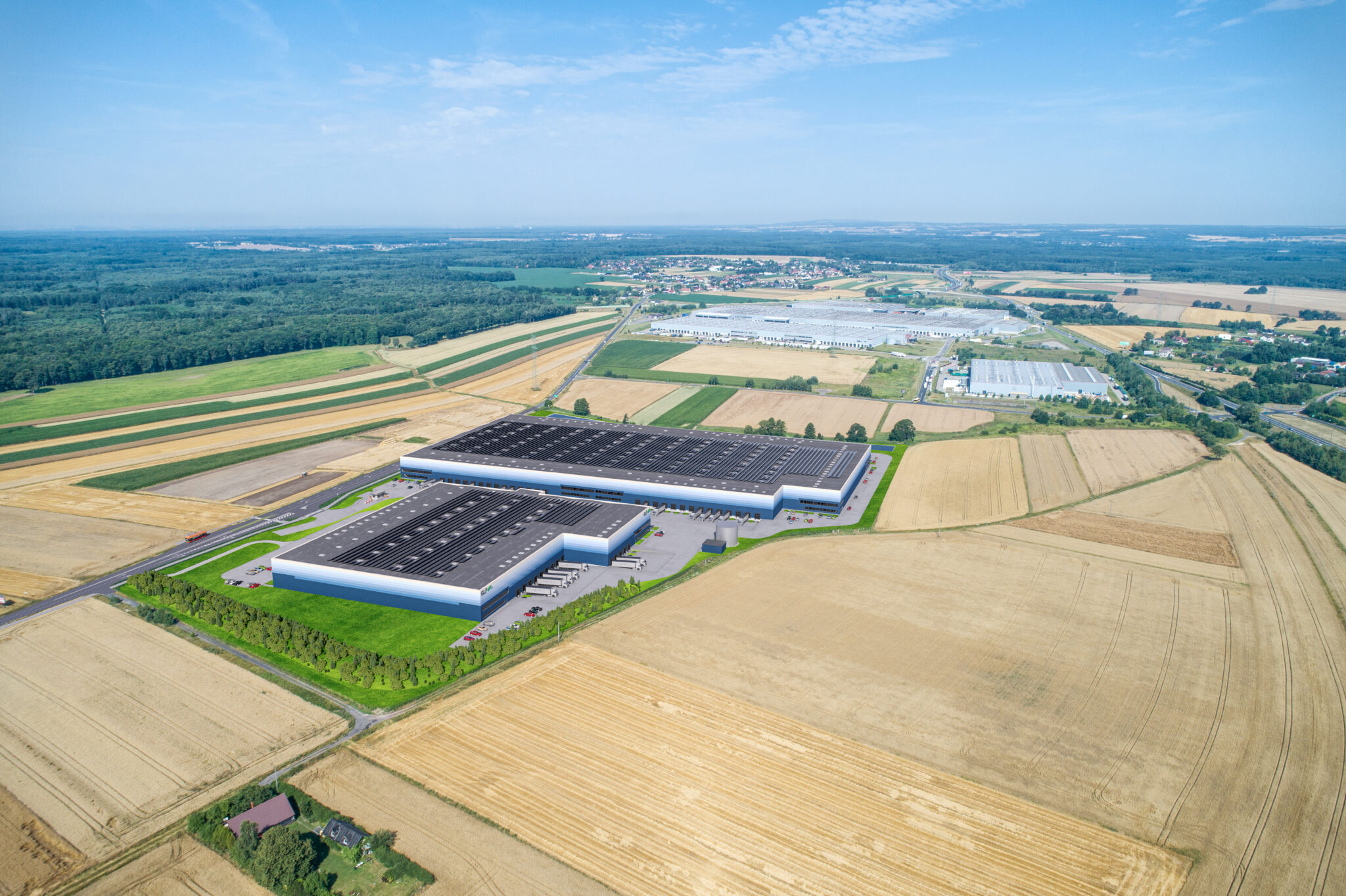 CGI warehouses aerial shot of Gliwice II Logistics Centre inserted into the countryside.