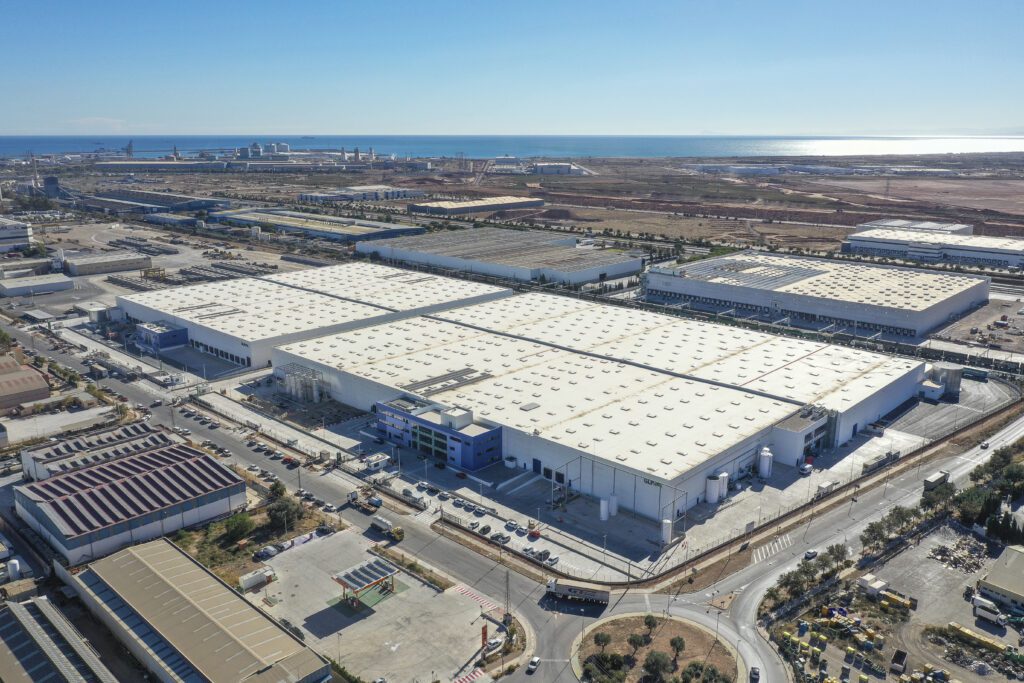 An aerial shot of the warehouse that will have the solar panels installed as part of the Power Purchase Agreement in Sagunto, Spain.